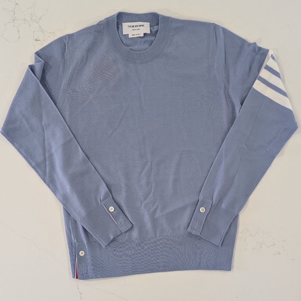 NWT Thom Browne Women's Relaxed Fit 4-Bar Merino Wool Sweater Size 38 US 2 Blue